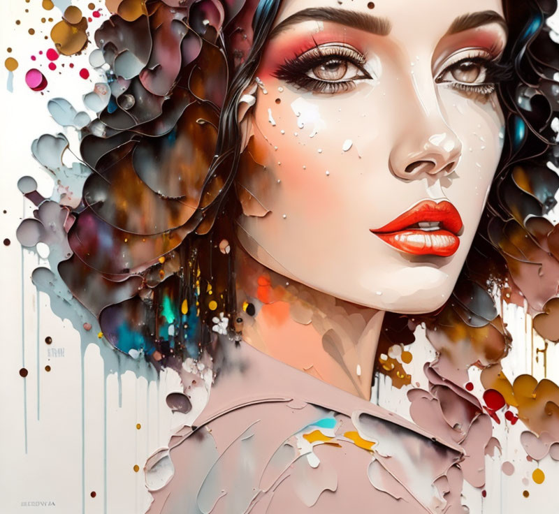 Colorful digital artwork: Woman with red lips and abstract splash motif