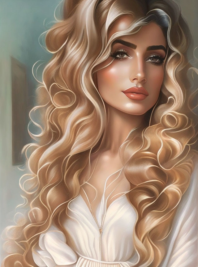 Blonde woman with wavy hair and white dress portrait illustration