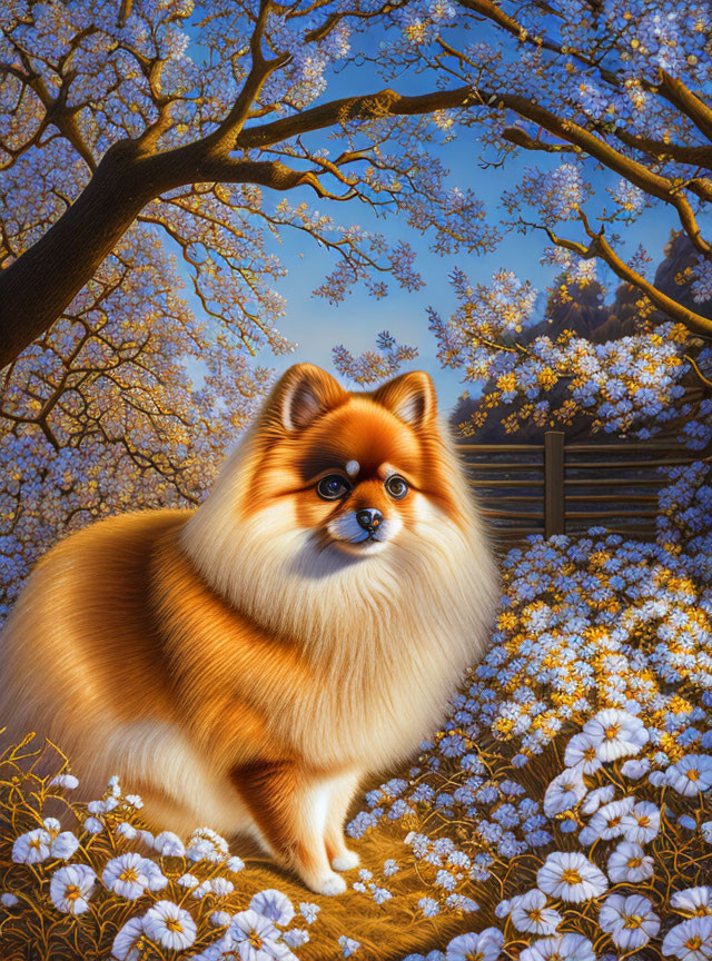 Fluffy Pomeranian Dog Among Cherry Blossoms and White Flowers