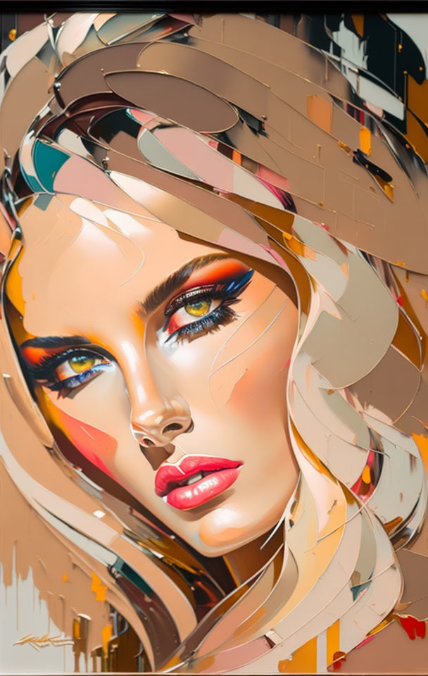 Colorful stylized portrait of a woman with vibrant makeup and abstract hair elements