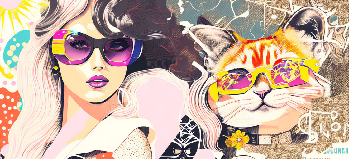 Vibrant pop art woman and cat in sunglasses with abstract background