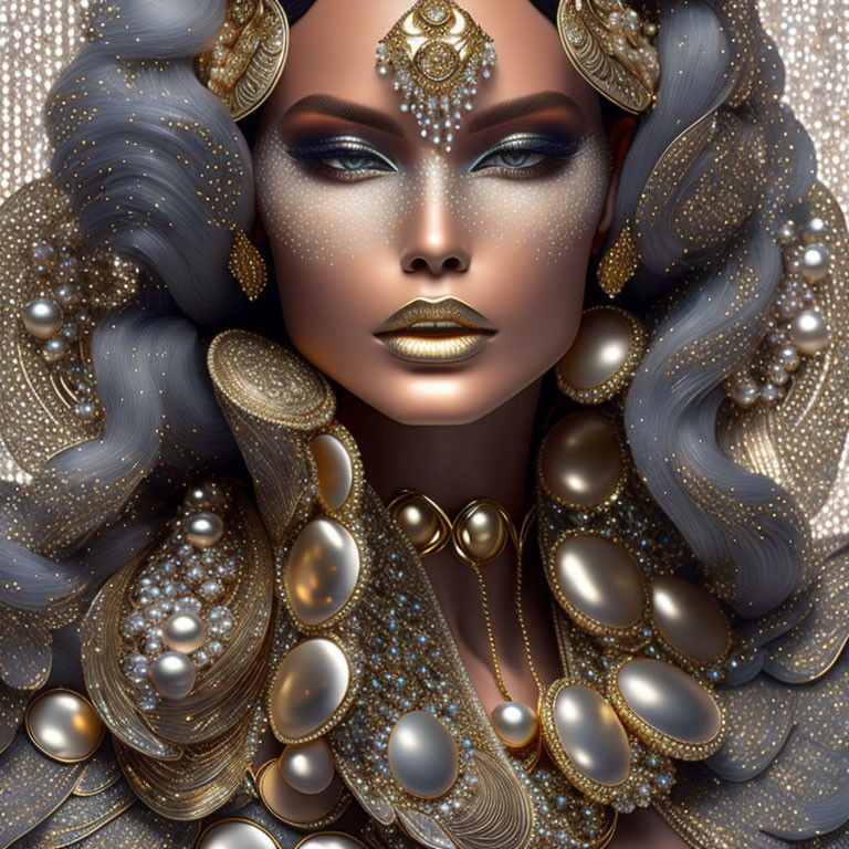 Digital artwork featuring woman with elaborate golden jewelry and stylized blue hair