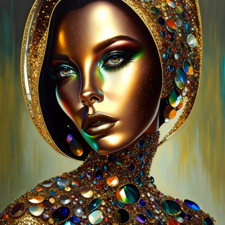 Digital art portrait of a woman with green eyes and luxurious embellishments