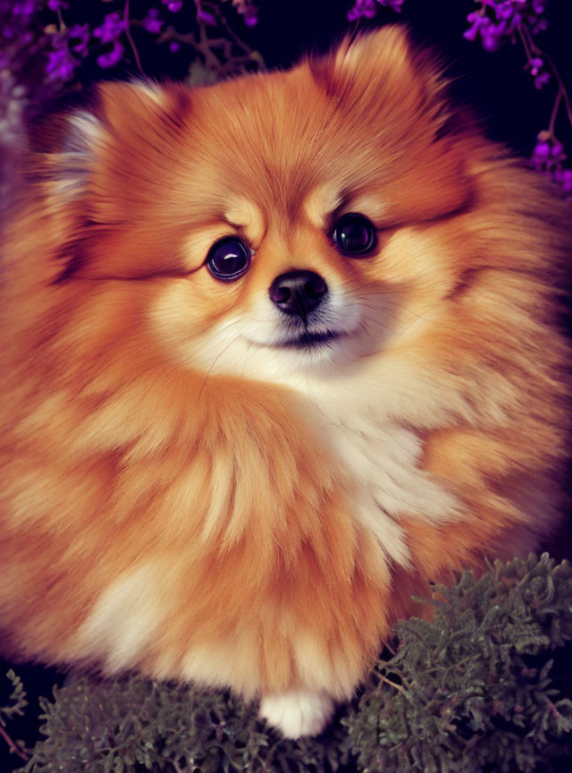 Fluffy Pomeranian Dog in Orange and White Coat Surrounded by Purple Flowers