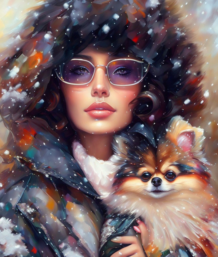 Fashionable woman with Pomeranian dog in winter setting.