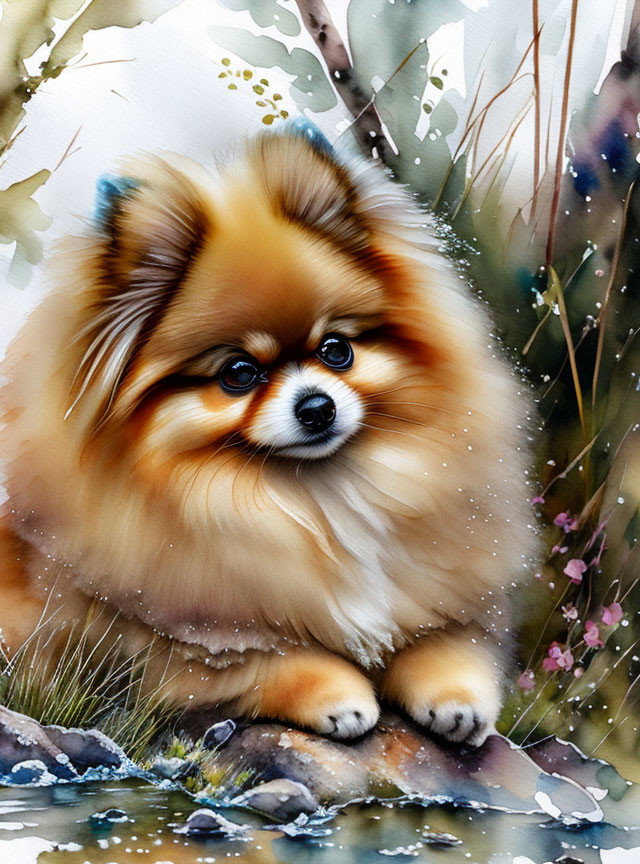 Fluffy Pomeranian Dog in Watercolor Among Rocks and Foliage