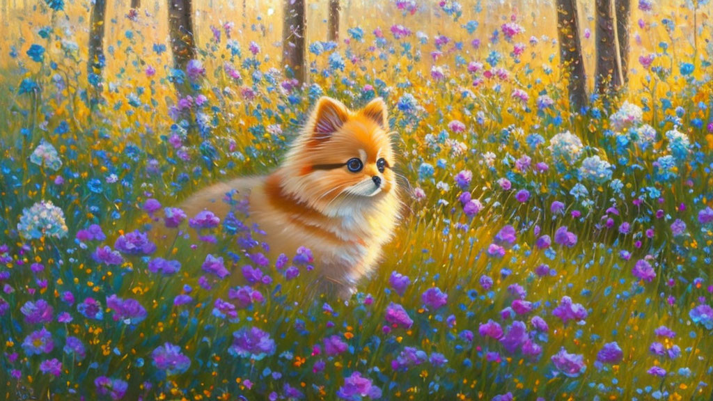 Fluffy Pomeranian Dog in Vibrant Wildflower Field