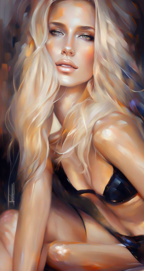 Blonde woman portrait with blue eyes and sultry expression