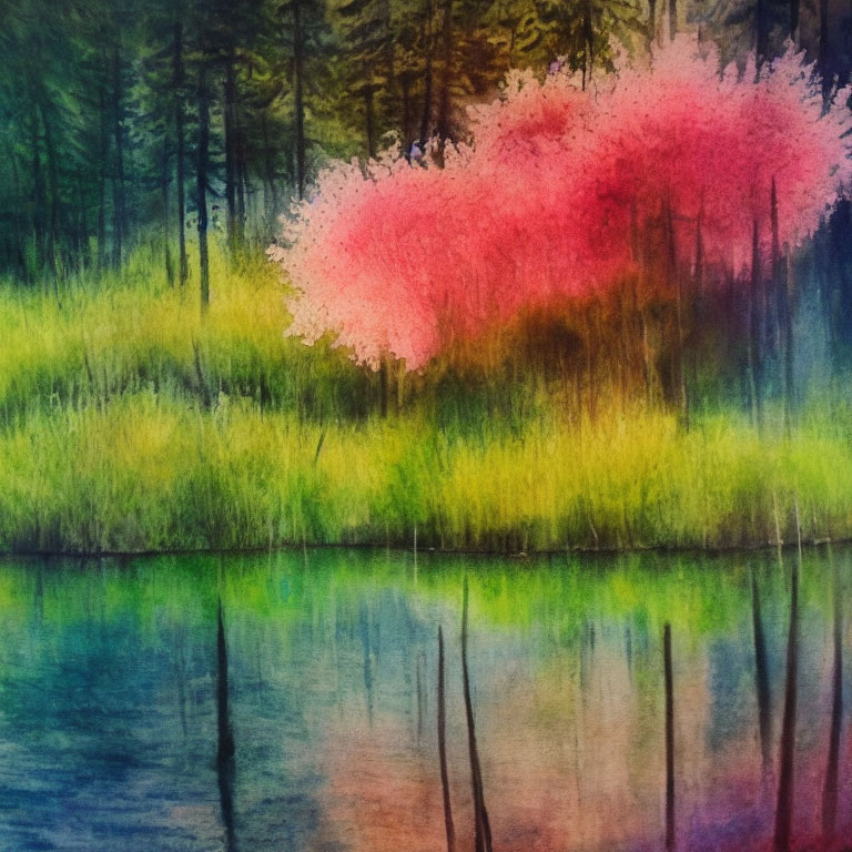 Colorful watercolor painting: lush green landscape with pink blooming trees reflected in blue lake