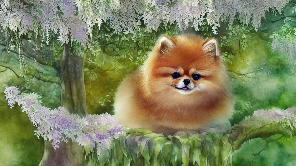 Fluffy Pomeranian Dog in Wisteria Forest Scene