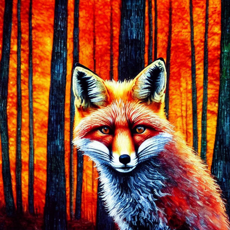 Detailed Illustration of Red Fox in Orange and Black Forest