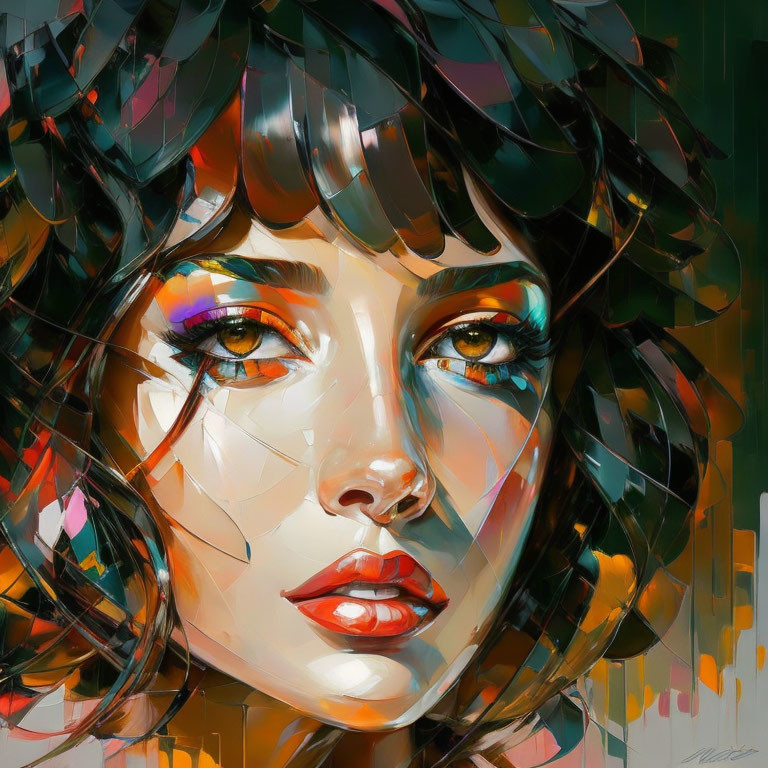 Colorful Digital Portrait of Woman with Expressive Eyes and Painterly Brushstrokes