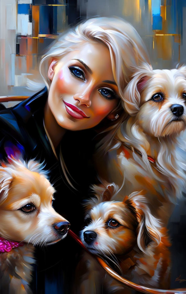 Blonde Woman with Blue Eyes and Dogs in Colorful Digital Painting