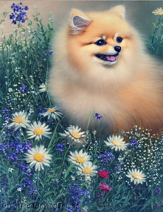 Fluffy Pomeranian Dog in Serene Flower Garden