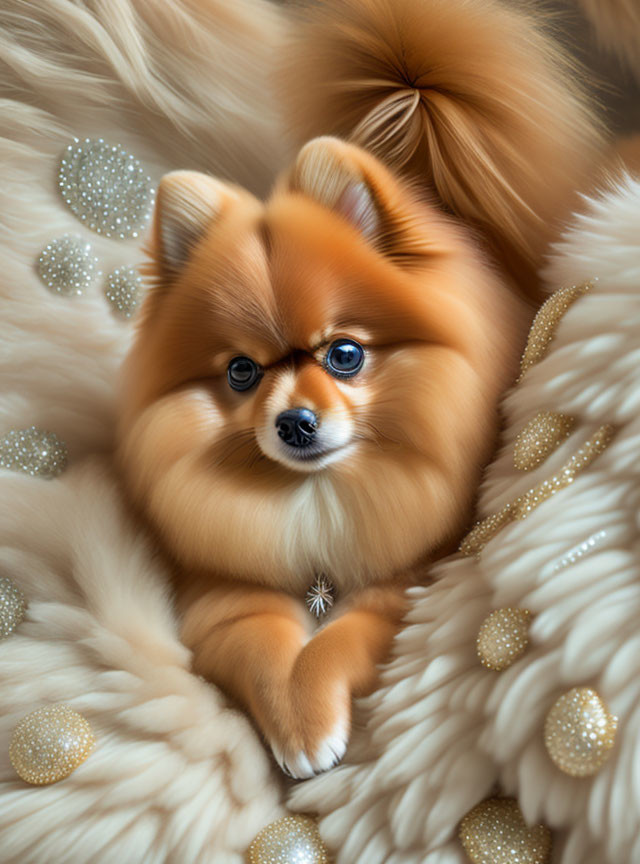 Fluffy Pomeranian Dog on White Blanket with Golden Dots