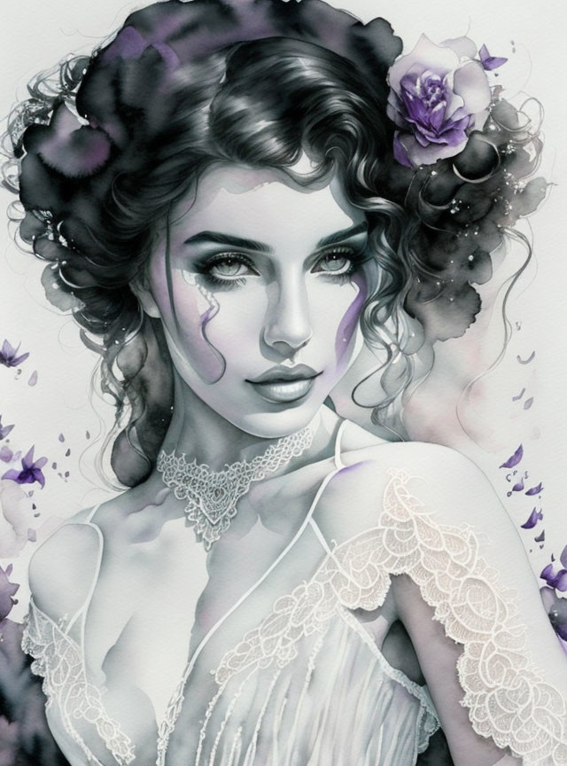 Monochromatic woman illustration with wavy hair and floral adornments