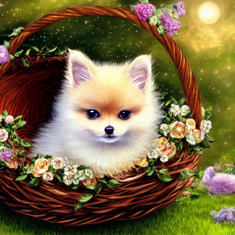 Fluffy Pomeranian Puppy in Basket with Colorful Flowers on Green Background