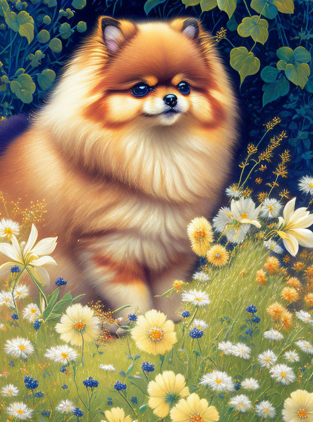 Fluffy Pomeranian Dog Surrounded by Flowers and Greenery