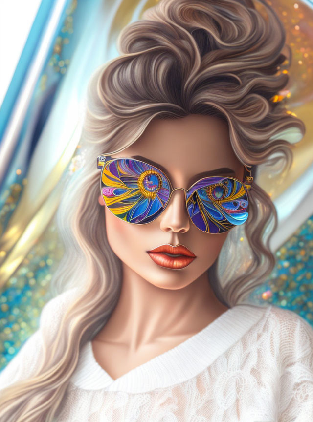 Stylized artwork of woman with voluminous hair and striking sunglasses