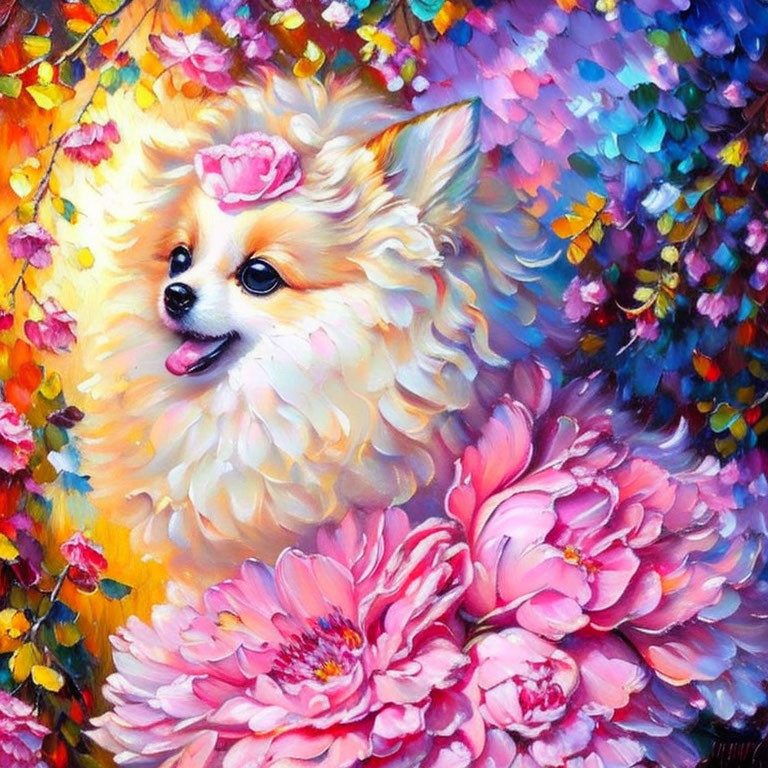 Colorful Painting of Fluffy Pomeranian Dog with Pink Flower and Peonies