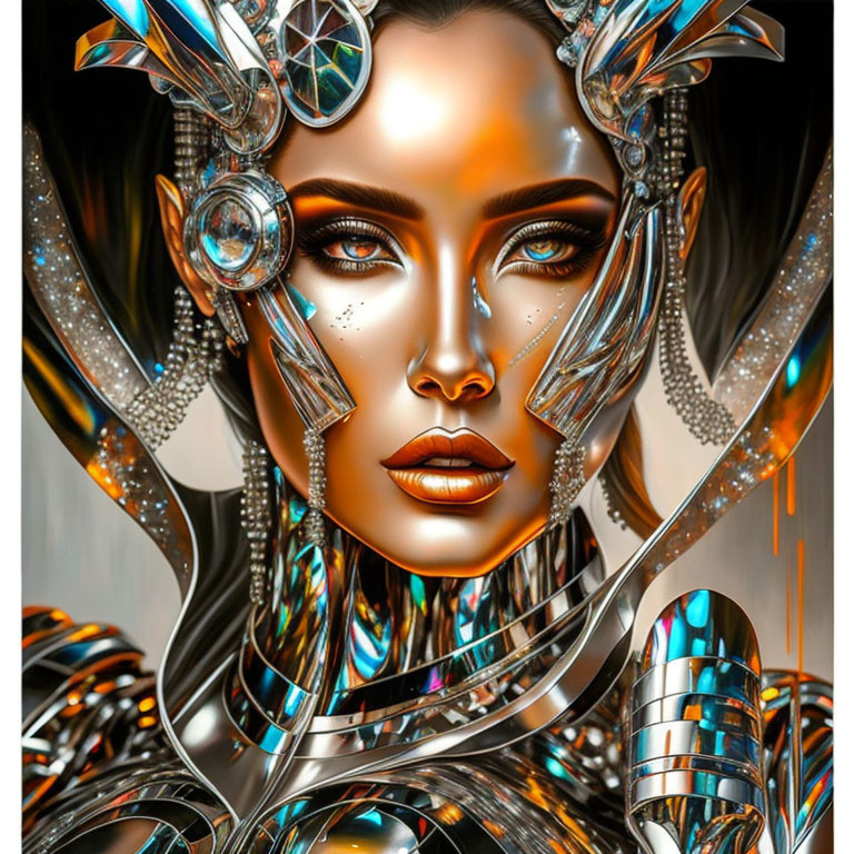 Futuristic digital artwork of woman with robotic features