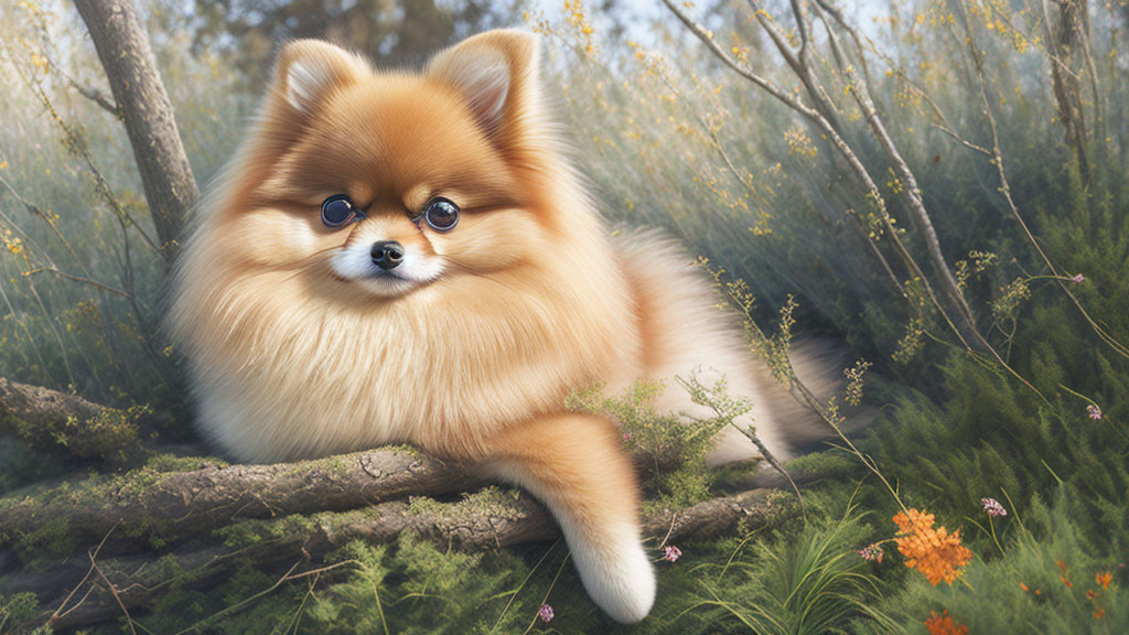 Fluffy Pomeranian Dog Resting in Vibrant Forest