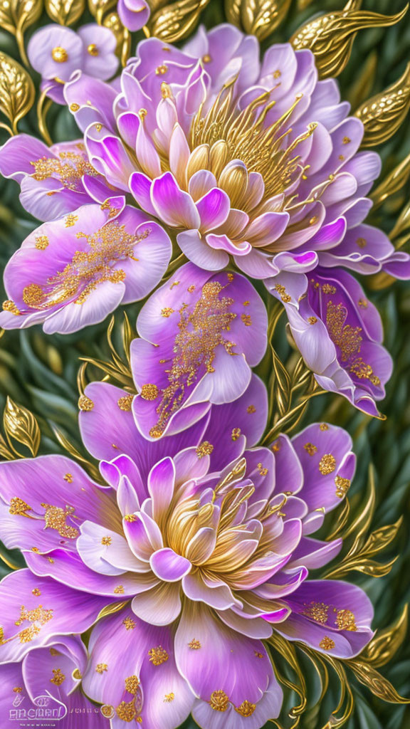 Purple and White Flowers with Golden Accents on Green Textured Background