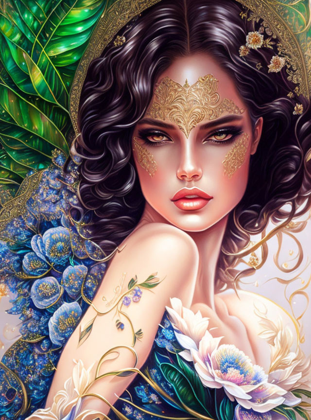 Dark-haired woman with golden facial adornments and blue floral tattoos on shoulder in illustrated artwork.