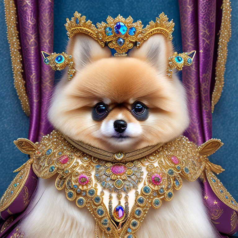 Pomeranian Dog in Royal Attire on Luxurious Throne