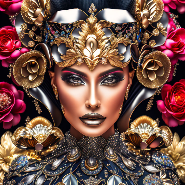 Elaborate digital artwork of woman in gold headpiece and attire surrounded by roses