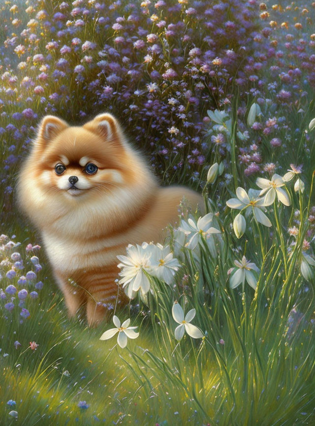 Fluffy Pomeranian in Sunlit Field with Purple and White Flowers