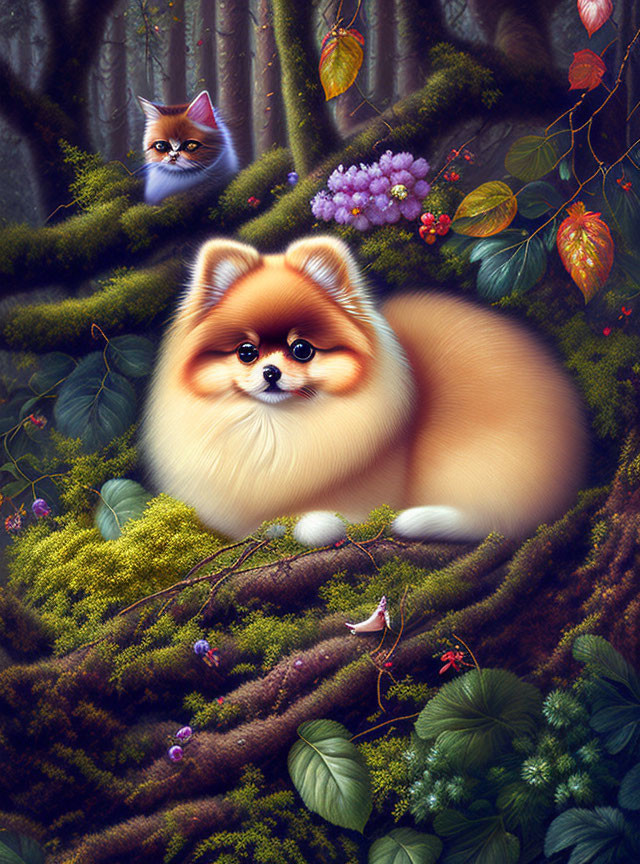 Adorable Pomeranian in lush forest with flowers, bird, and cat