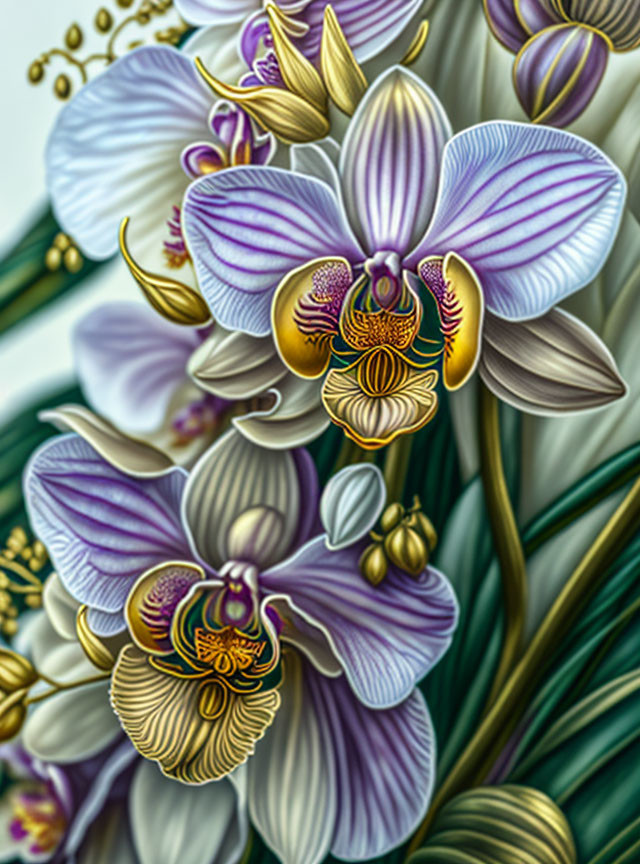 Detailed Digital Illustration of Vibrant Purple and White Orchids on Green Leaf Background