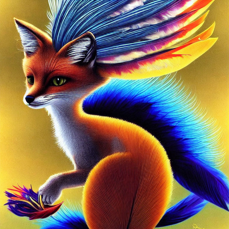 Colorful illustration of fantastical fox with vibrant blue and orange fur and green eyes