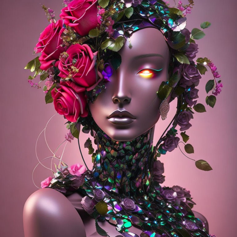 Figure with Floral Jeweled Headpiece on Pink Background