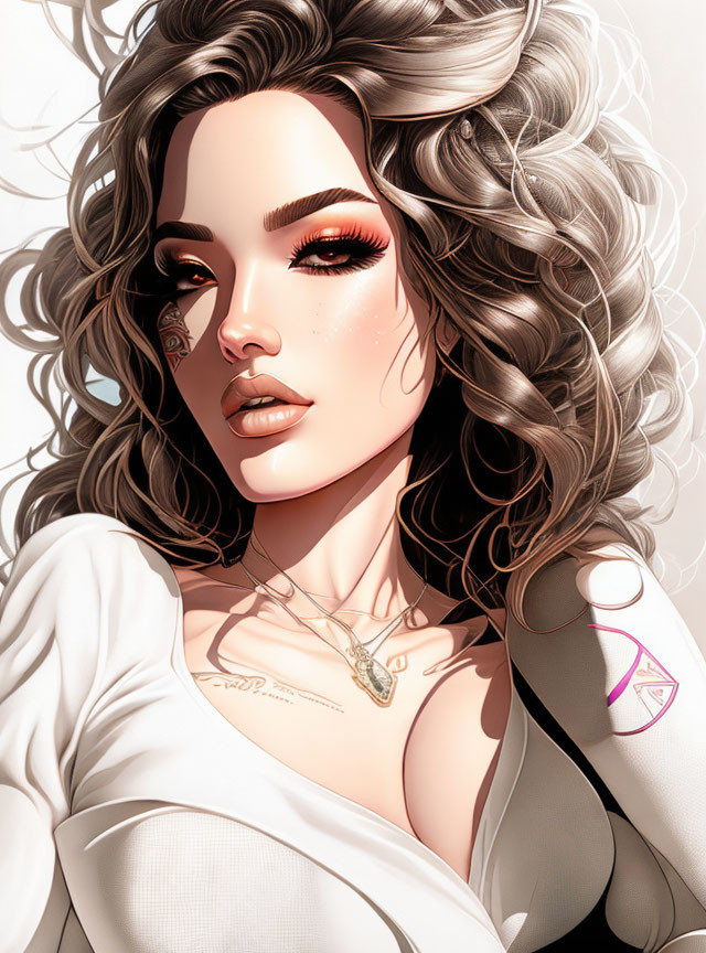 Detailed Illustration: Woman with Voluminous Hair, Dramatic Makeup, Tattoos, and White