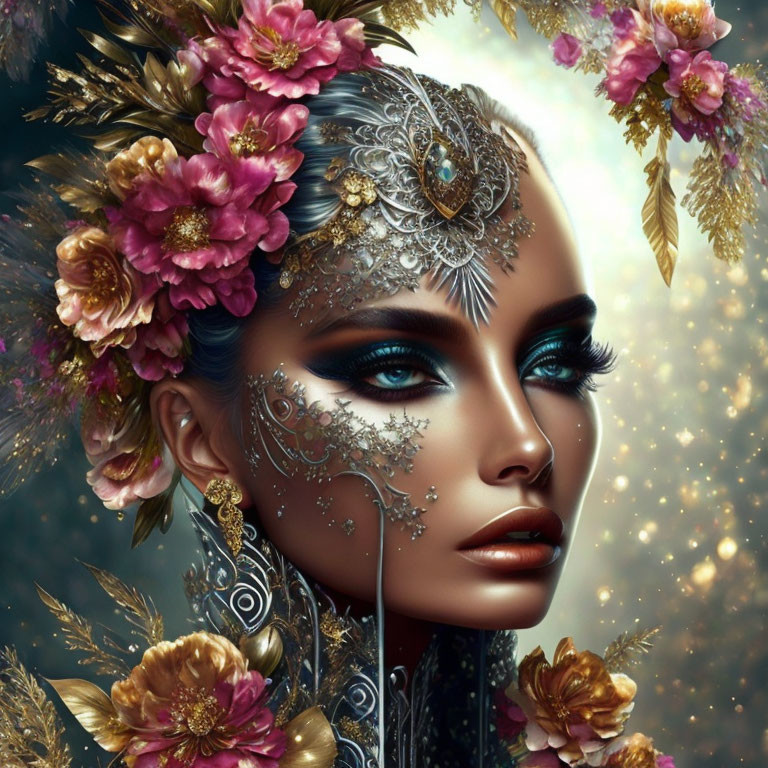 Digital portrait of a woman with floral adornments and ornate jewelry on a mystical backdrop