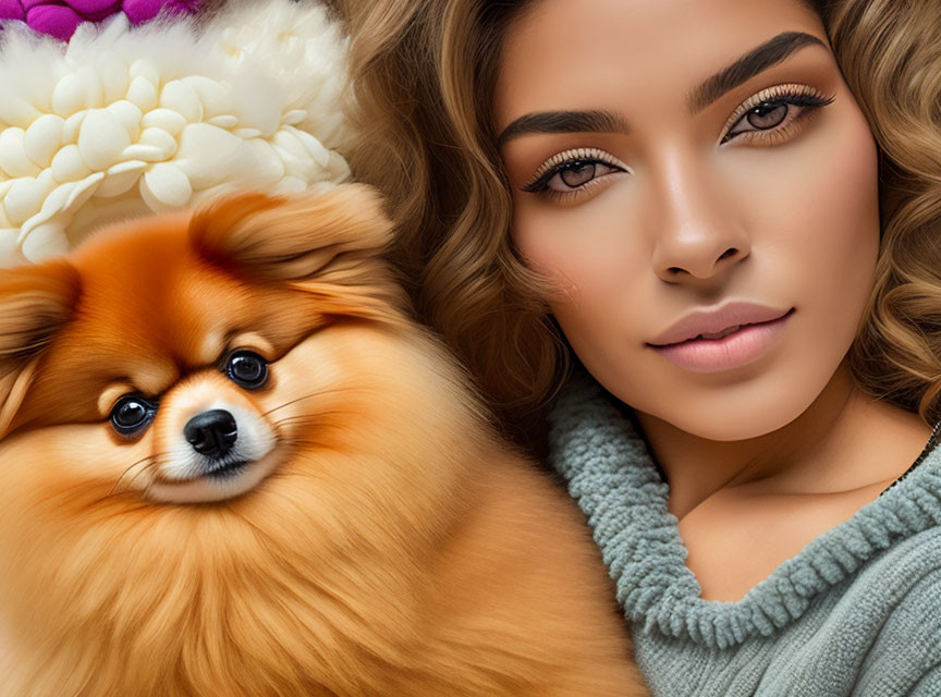 Woman with subtle makeup posing near fluffy brown Pomeranian dog.