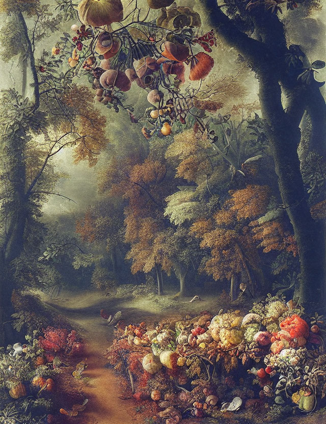 Detailed painting of a bountiful harvest scene in a forest