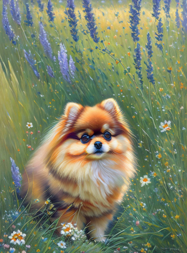 Fluffy Pomeranian Dog in Lavender Meadow