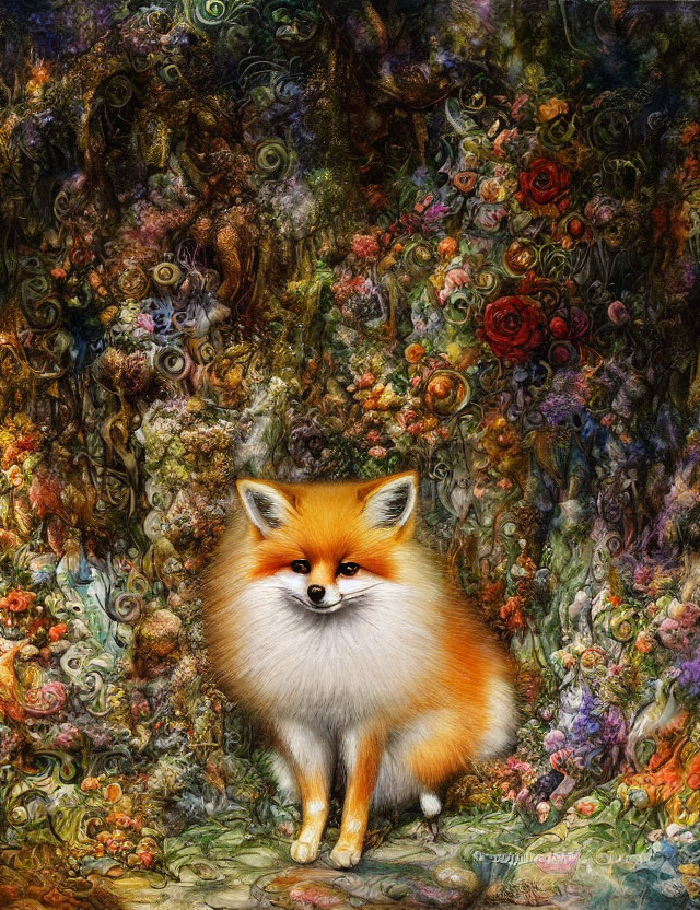 Detailed Illustration of Red Fox in Colorful Fantasy Scene