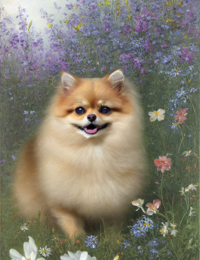 Fluffy Pomeranian Dog Among Colorful Wildflowers