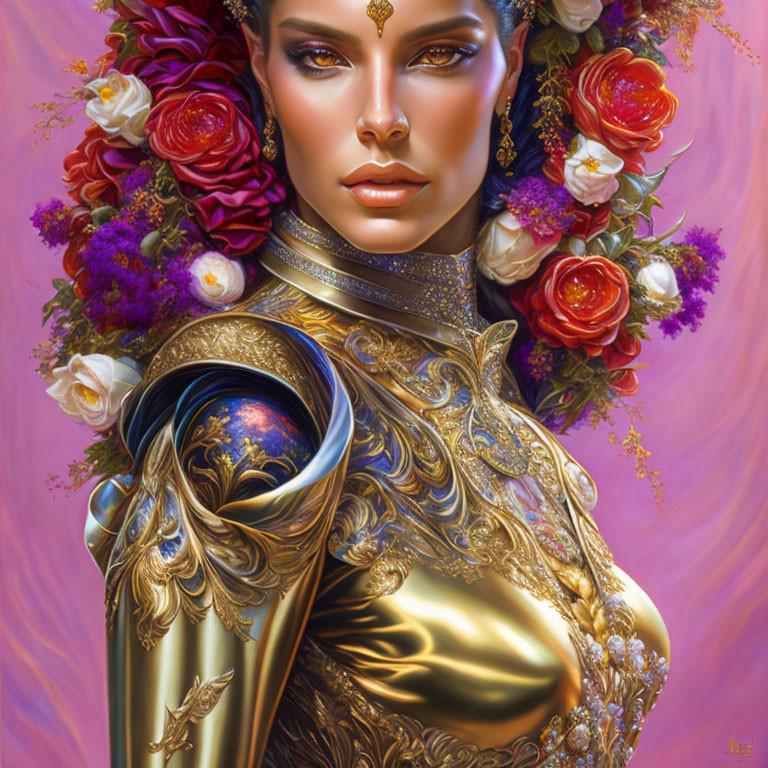 Detailed digital portrait of a woman in golden ornate armor with floral accents