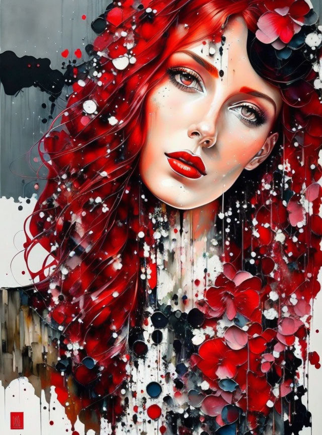 Colorful Artwork of Woman with Red Hair and Eyes, Flowers, and Paint Splatters