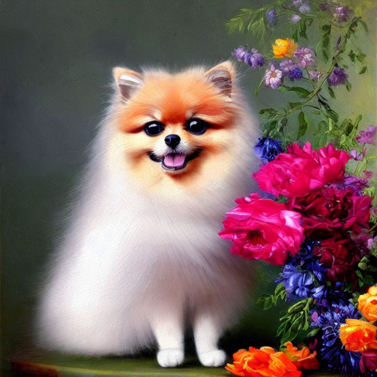 Fluffy Pomeranian Dog Smiling Beside Colorful Flowers