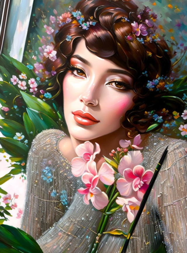 Stylized woman with floral hair adornments and pink flowers, soft features and pensive expression