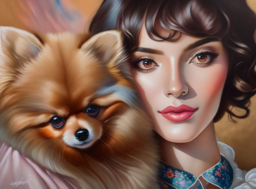 Portrait of woman with brown hair and Pomeranian dog making eye contact.