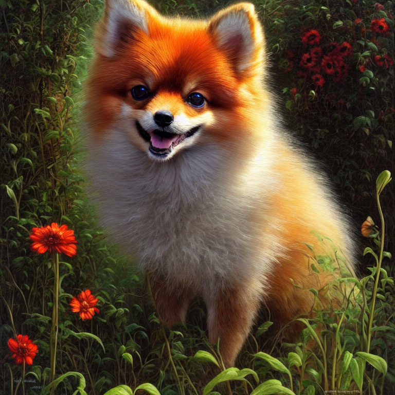 Smiling Pomeranian Dog in Garden with Green Foliage