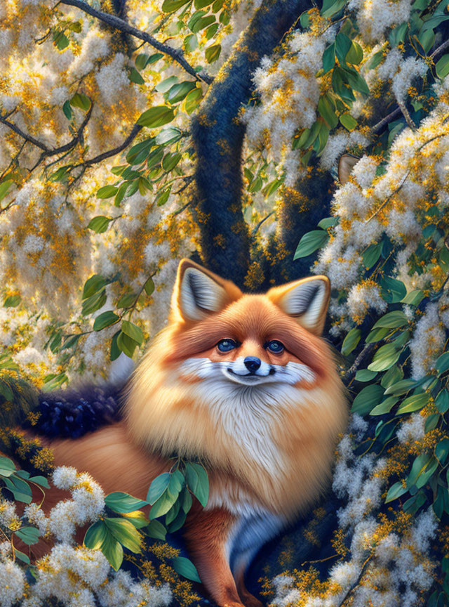 Illustration of fox with human-like eyes in blooming nature.