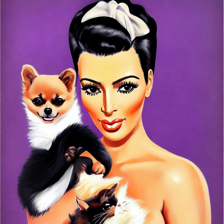 Stylized portrait of a woman with pets on purple background